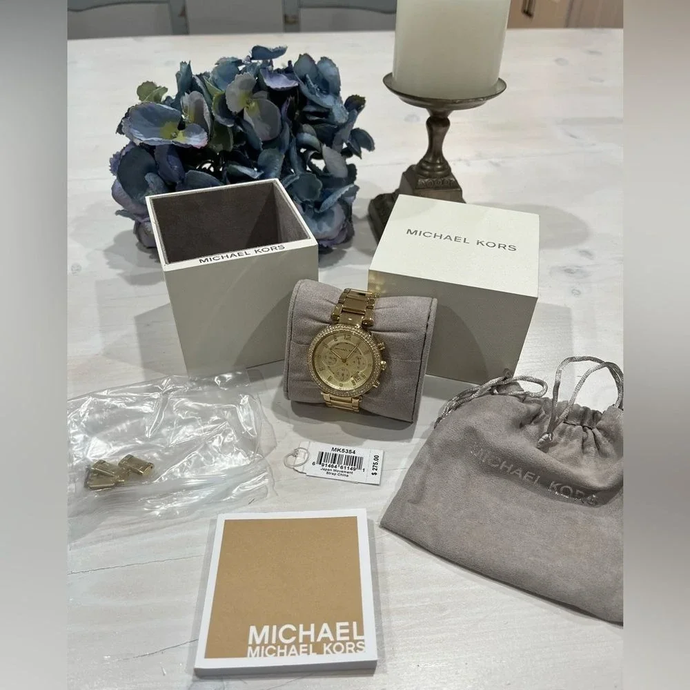 Michael Kors jeweled gold colored‎ watch with box, bag, pillow needs batteries